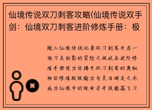 仙境传说双刀刺客攻略(仙境传说双手剑：仙境双刀刺客进阶修炼手册：极致输出与灵活游走)